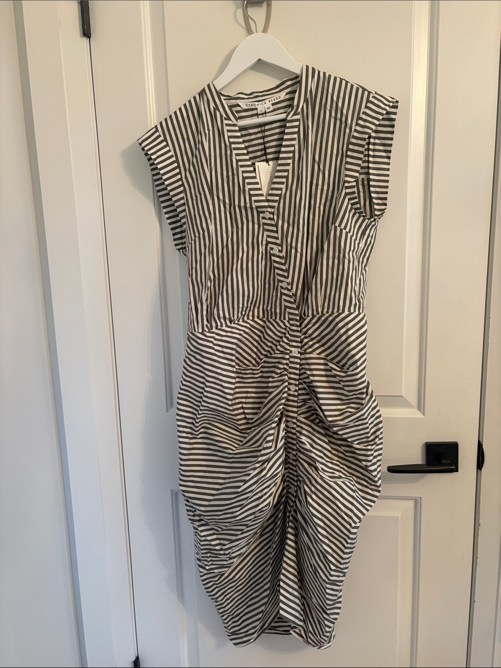 Veronica Beard grey and white striped ruched shirt dress